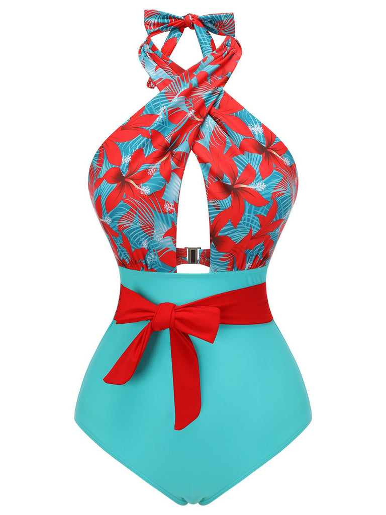 Maillot de bain fleuri orange à bretelles croisées nœud papillon années 1950