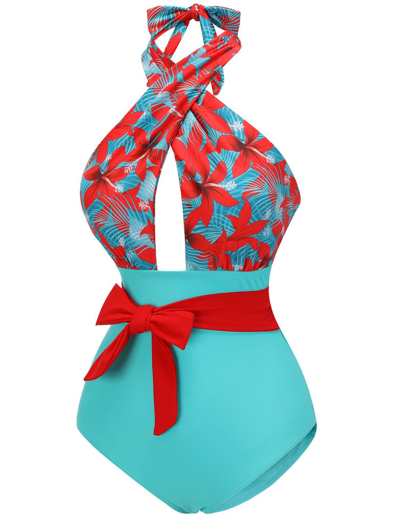 Maillot de bain fleuri orange à bretelles croisées nœud papillon années 1950