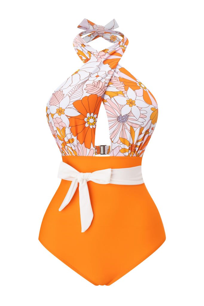 Maillot de bain fleuri à bretelles croisées avec nœud papillon années 1950