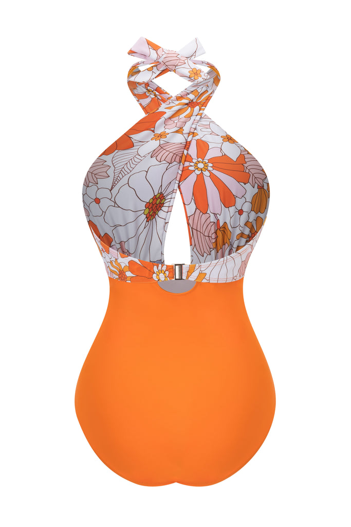 Maillot de bain fleuri à bretelles croisées avec nœud papillon années 1950
