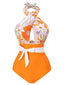 Maillot de bain fleuri orange à bretelles croisées nœud papillon années 1950