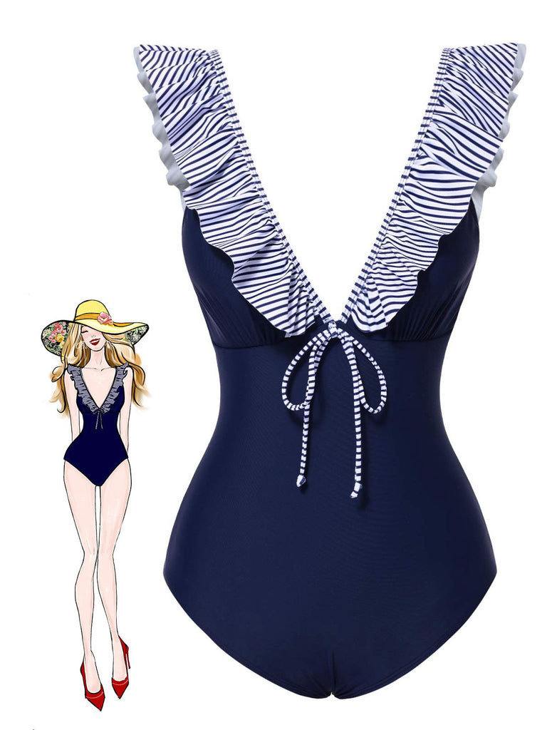 Maillot de bain à volants rayé bleu foncé des années 40