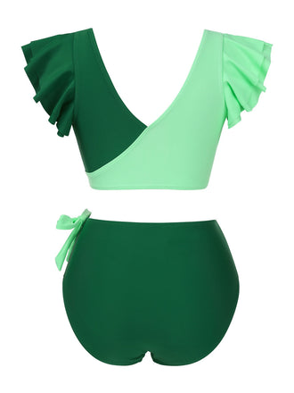 Ensemble bikini à volants et nœud froncé colorblock des années 1950