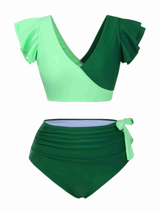 Ensemble bikini à volants et nœud froncé colorblock des années 1950