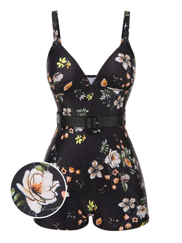 Maillot de bain noire à bretelles boxer fleuries années 40