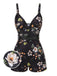 Maillot de bain noire à bretelles boxer fleuries années 40