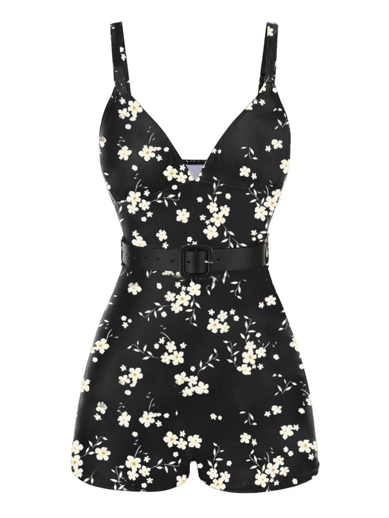 Maillot de bain noire à bretelles boxer fleuries années 40