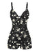 Maillot de bain noire à bretelles boxer fleuries années 40