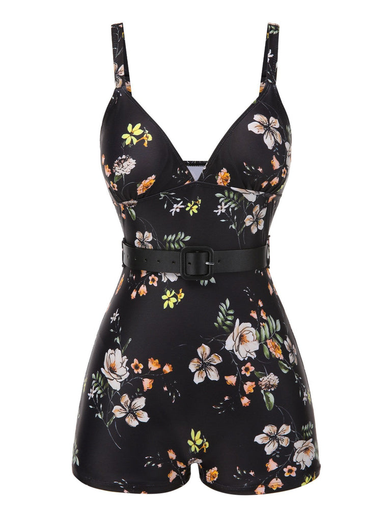 Maillot de bain noire à bretelles boxer fleuries années 40
