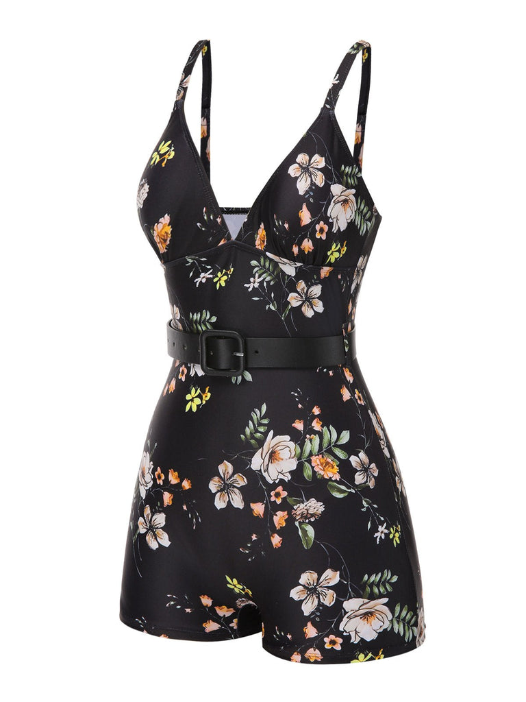 Maillot de bain noire à bretelles boxer fleuries années 40