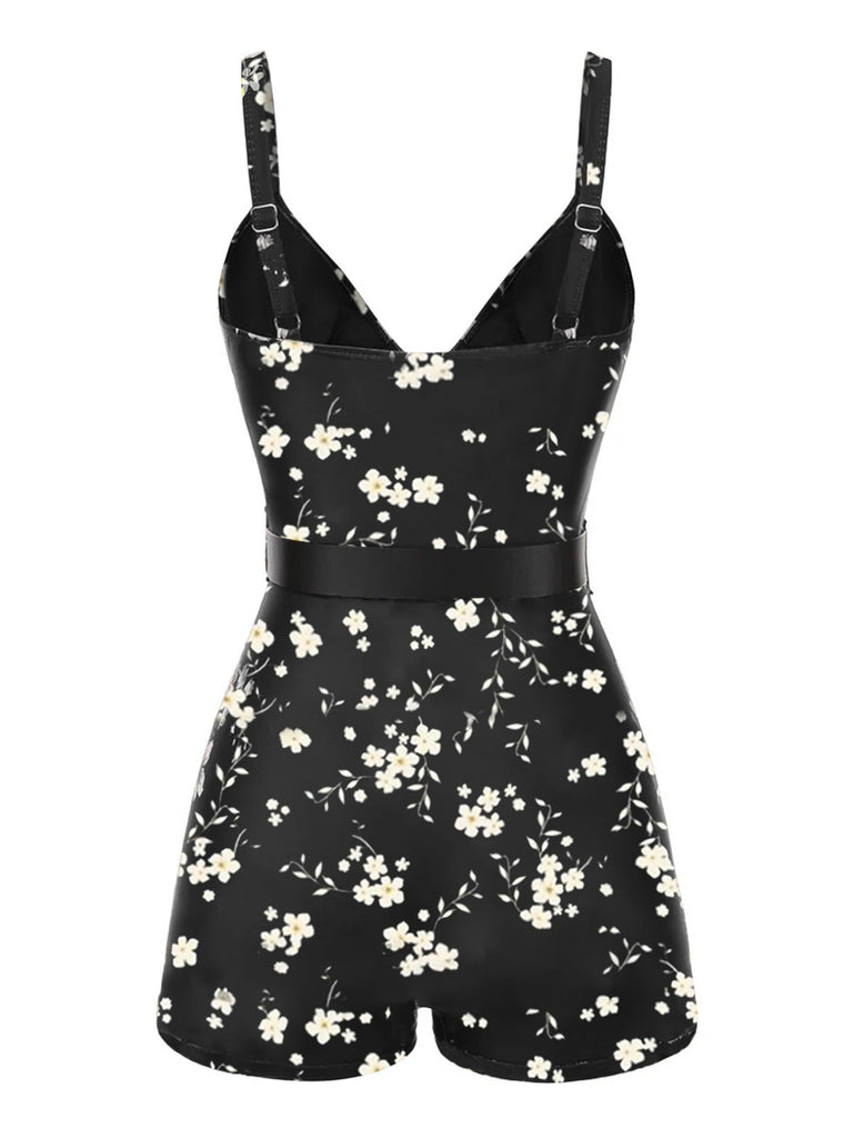 Maillot de bain noire à bretelles boxer fleuries années 40