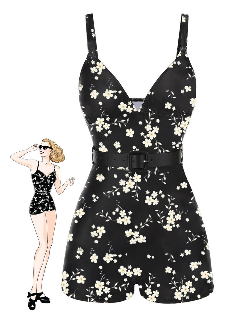 Maillot de bain noire à bretelles boxer fleuries années 40
