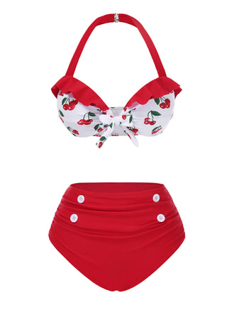 Ensemble bikini rouge à volants et col licou cerise des années 1950