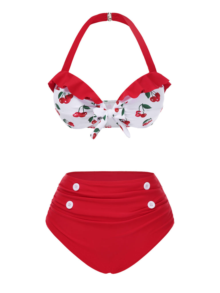 Ensemble bikini cerise et cache-maillot à nouer à lacets rouge années 50