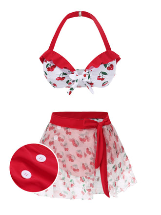 Ensemble bikini cerise et cache-maillot à nouer à lacets rouge années 50