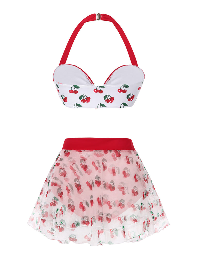Ensemble bikini cerise et cache-maillot à nouer à lacets rouge années 50