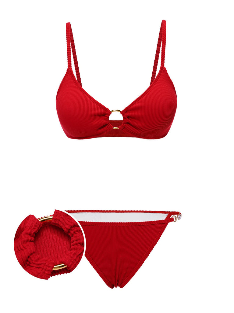 Ensemble bikini rouge à bretelles pailletées style années 60
