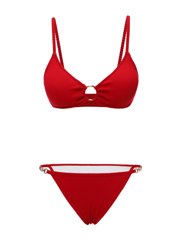 Ensemble bikini rouge et cache-maillot longue roses années 60