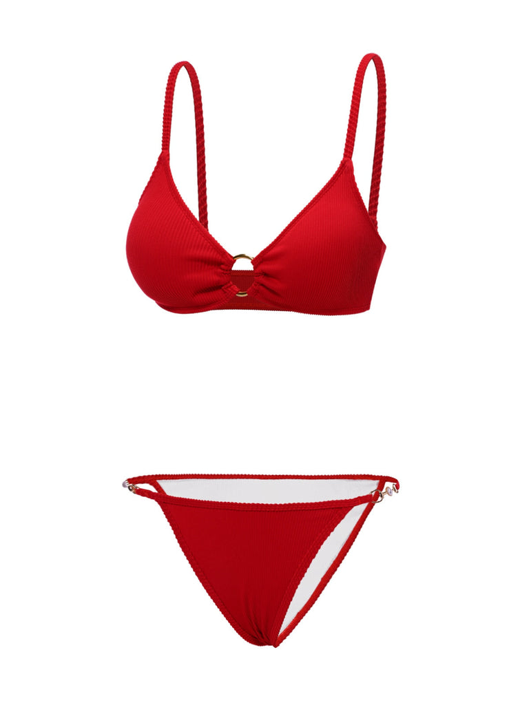 Ensemble bikini rouge et cache-maillot longue roses années 60