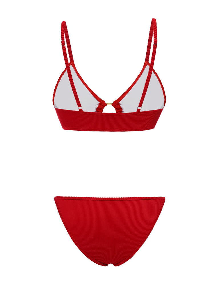 Ensemble bikini rouge et cache-maillot longue roses années 60