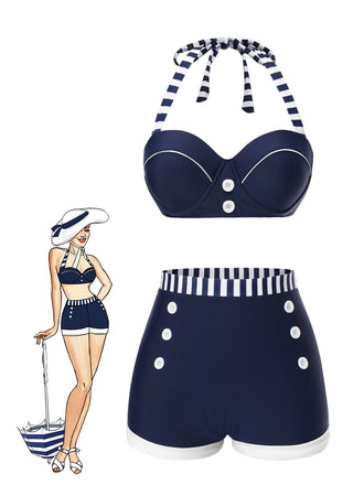 Maillot de bain patchwork bleu style marine années 1940