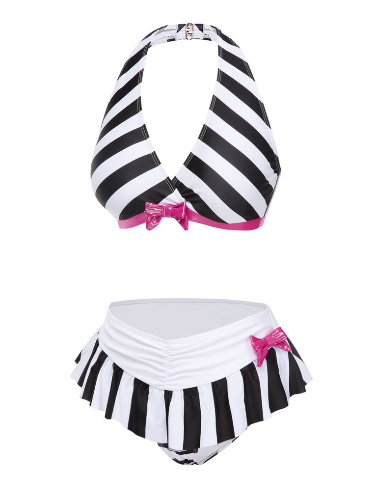 Bikini dos nu à rayures noires et blanches avec nœud années 1950