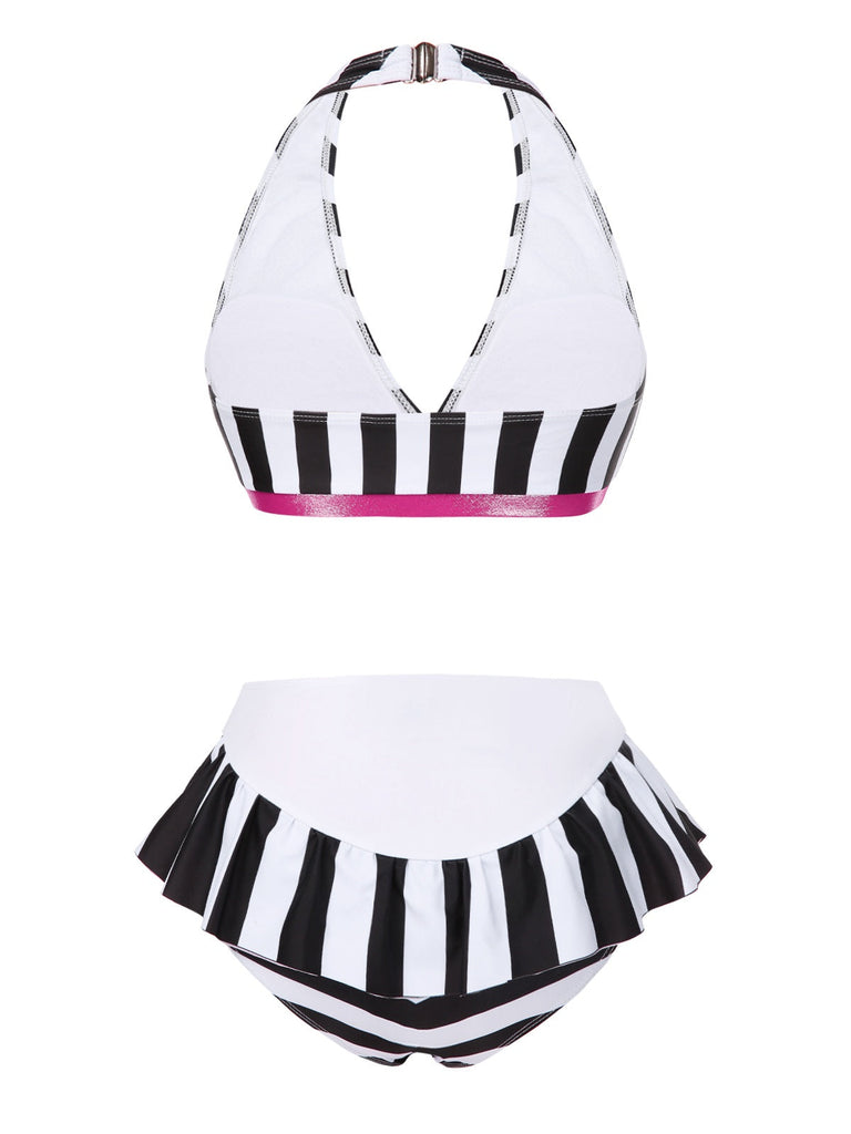 Bikini dos nu à rayures noires et blanches avec nœud années 1950