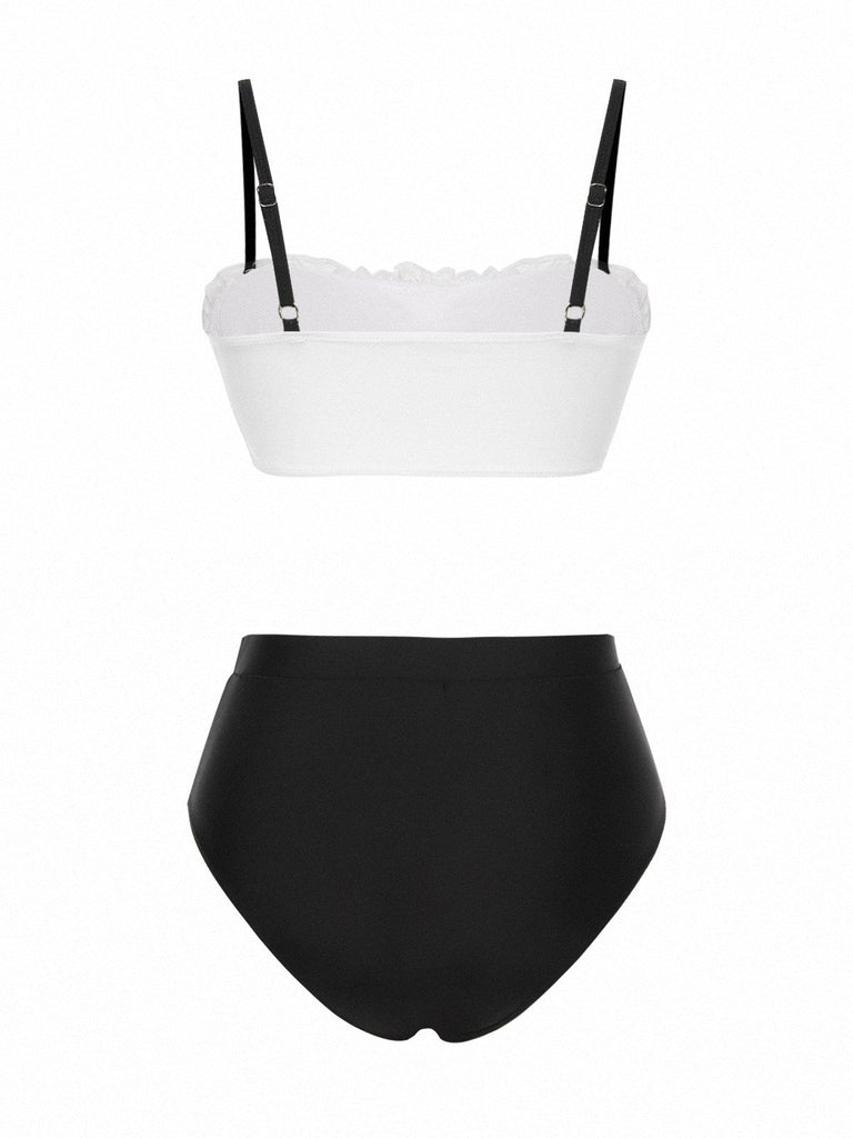 Ensemble bikini en dentelle colorblock noir et blanc années 1930