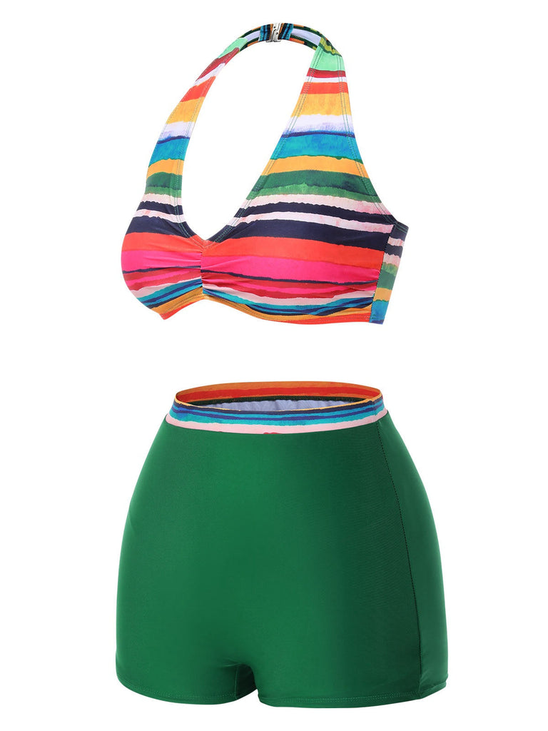 Maillot de bain multicolore à rayures Boho 1970 avec Cache Maillot