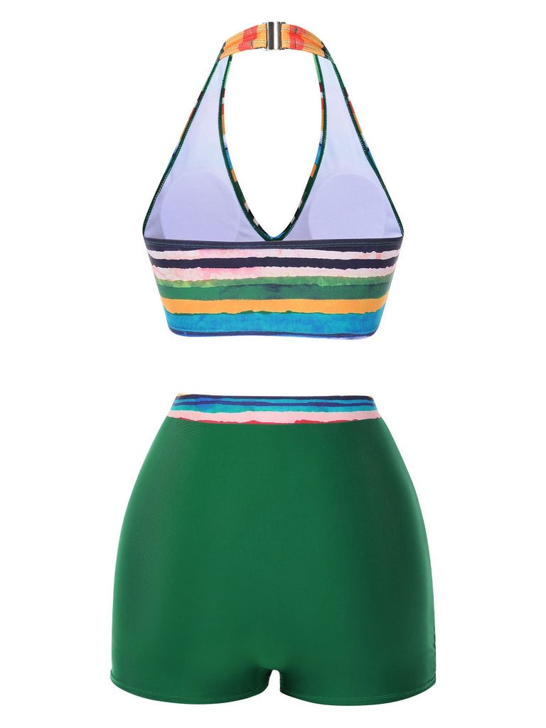 Maillot de bain multicolore à rayures Boho 1970 avec Cache Maillot