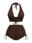 Ensemble bikini marron uni col V profond à lacets dos nu années 1950