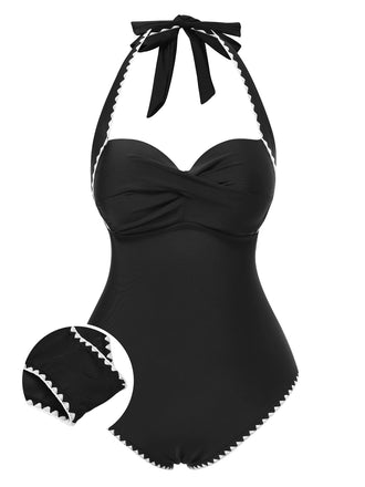 Maillot de bain une pièce noir à dos nu bordure festonnée années 1950