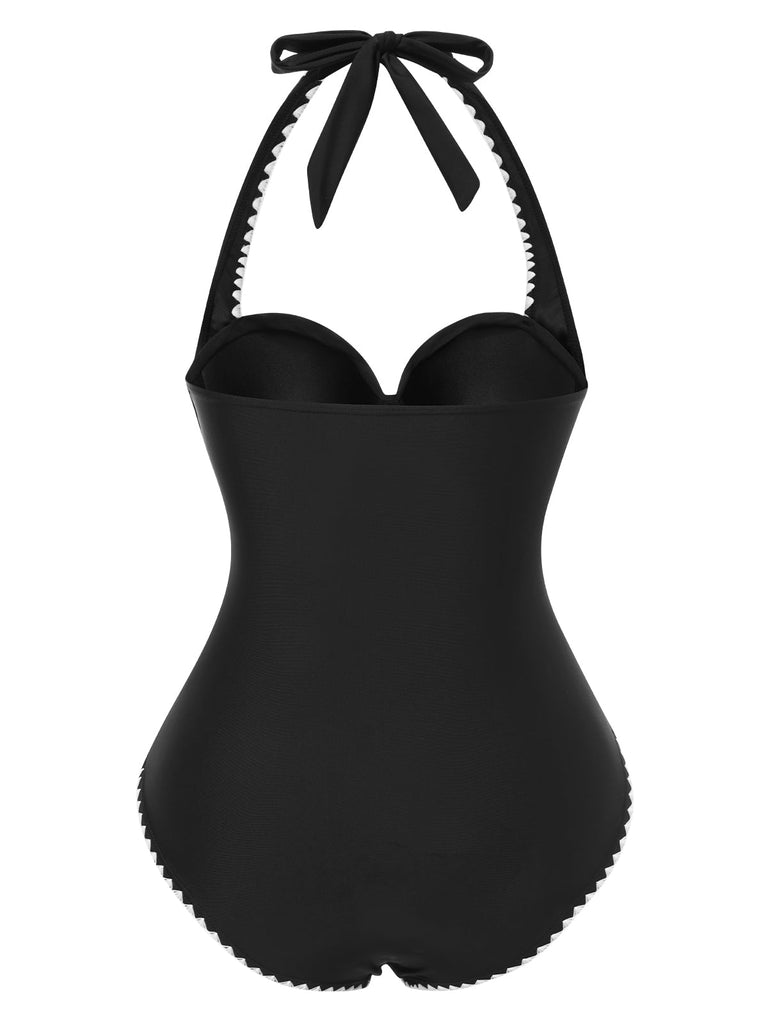 Maillot de bain une pièce noir à dos nu bordure festonnée années 1950