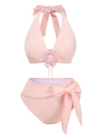 Maillot de bain licou texturé à col V profond des années 1950