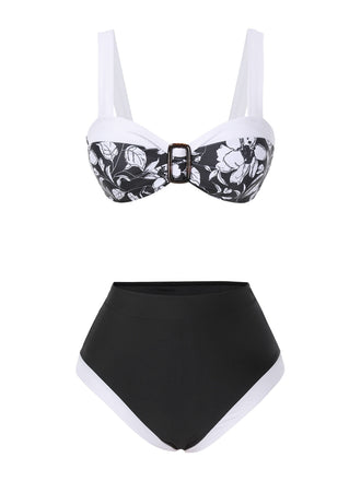 Ensemble bikini noir à motif floral Hepburn des années 1940