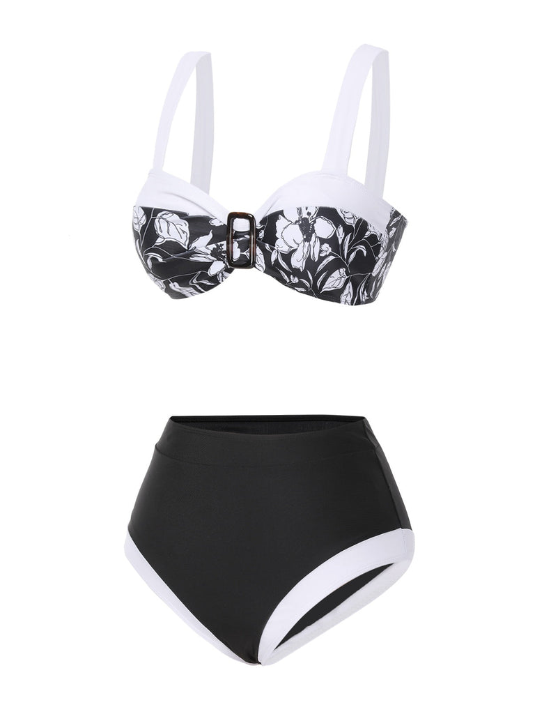 Ensemble bikini noir à motif floral Hepburn des années 1940
