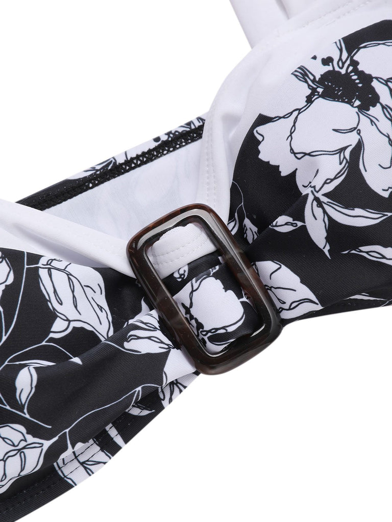 Ensemble bikini noir à motif floral Hepburn des années 1940