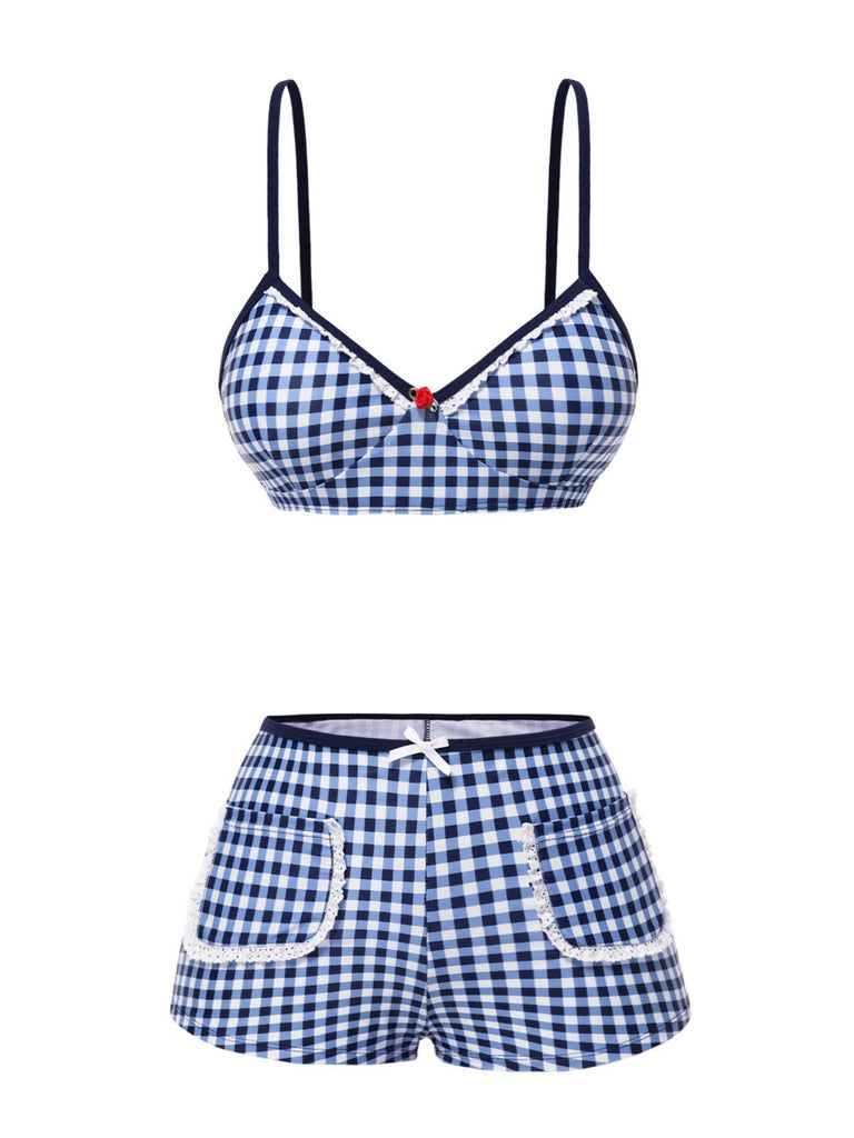 Maillot de bain à bretelles à carreaux vichy bleu des années 1930