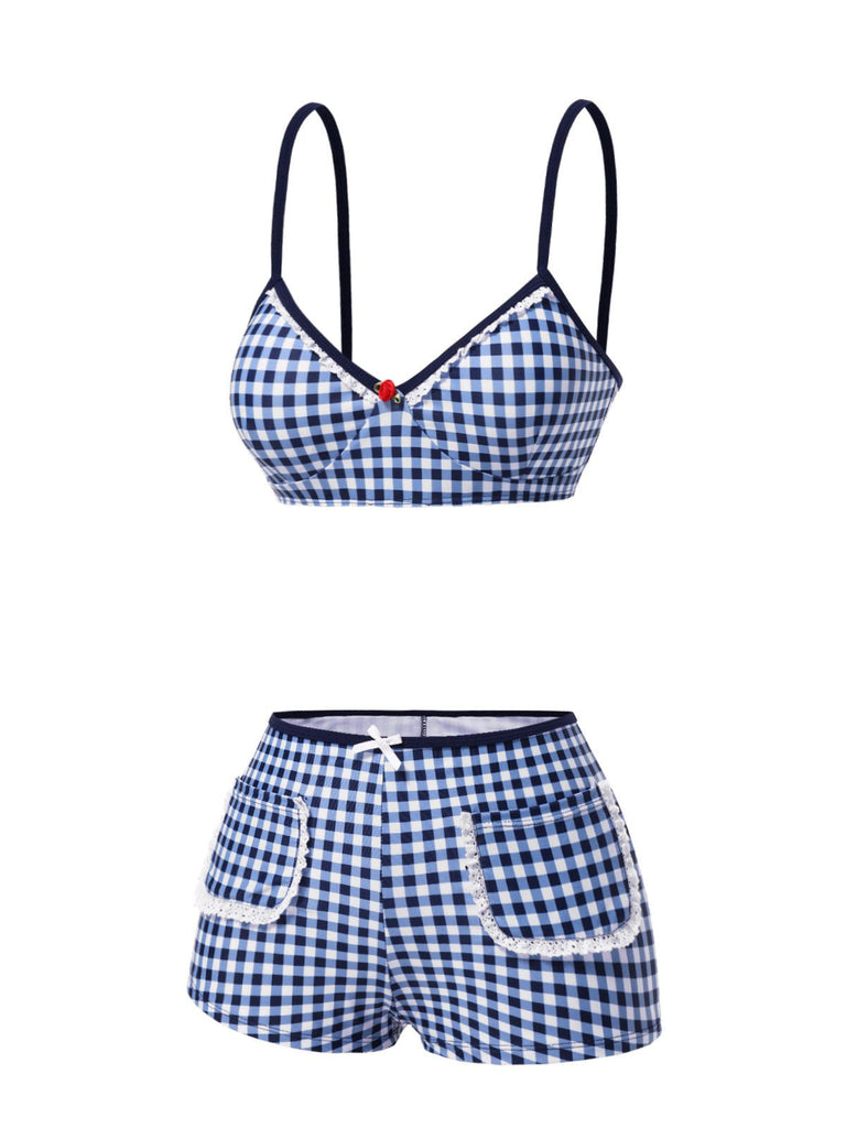 Maillot de bain à bretelles à carreaux vichy bleu des années 1930