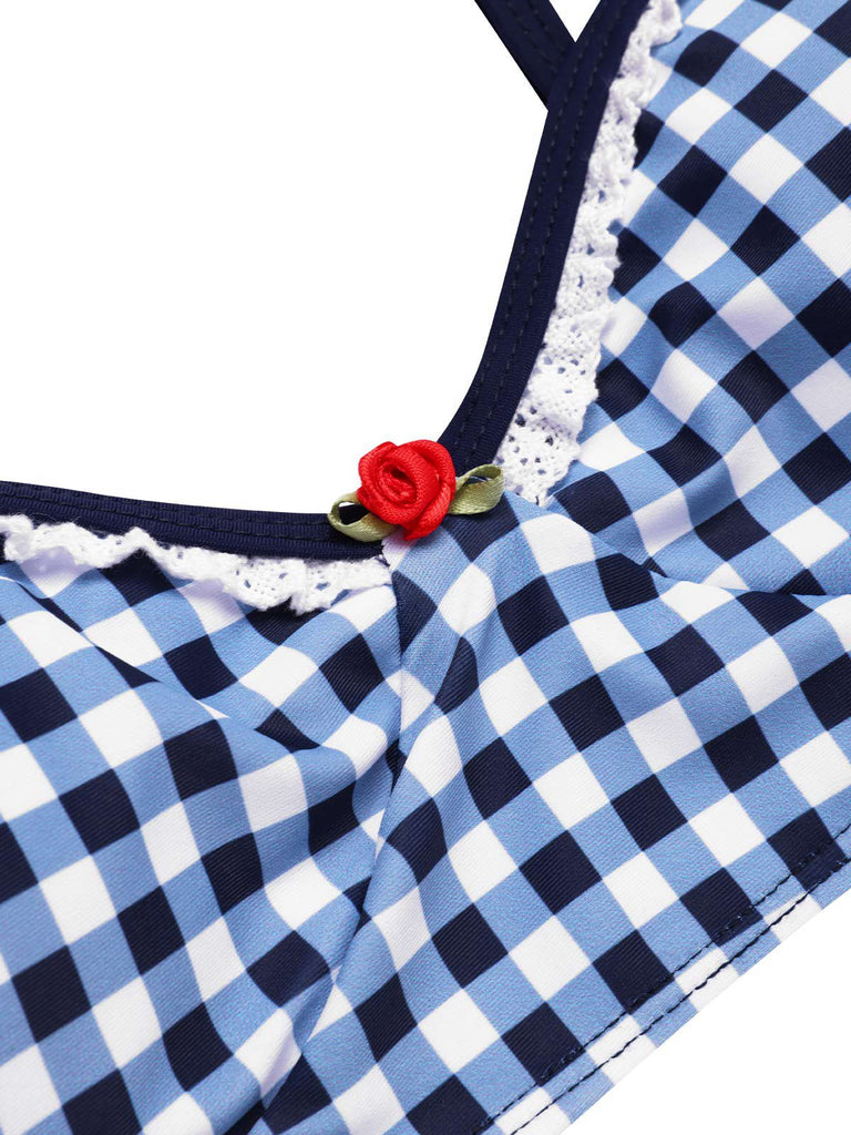 Maillot de bain à bretelles à carreaux vichy bleu des années 1930