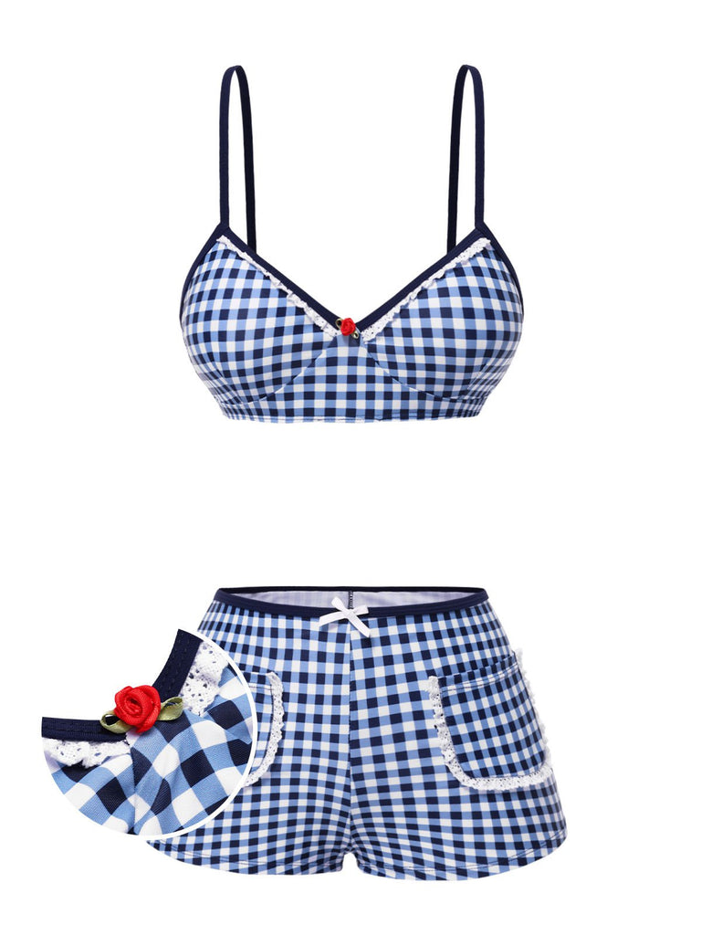Maillot de bain à bretelles à carreaux vichy bleu des années 1930
