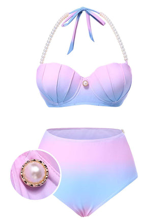 Maillot de bain sirène coquillage bleu dégradé de perles des années 1960