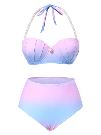 Maillot de bain sirène coquillage bleu dégradé de perles des années 1960