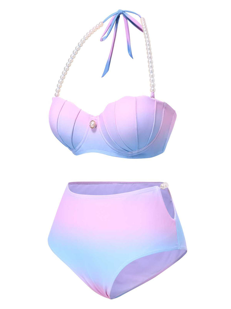 Maillot de bain sirène coquillage bleu dégradé de perles des années 1960