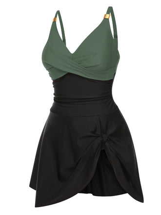 Robe de bain croisée en patchwork uni des années 1940