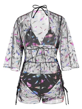 Ensemble bikini noir à lacets avec cache-maillot motif plumes des années 1940