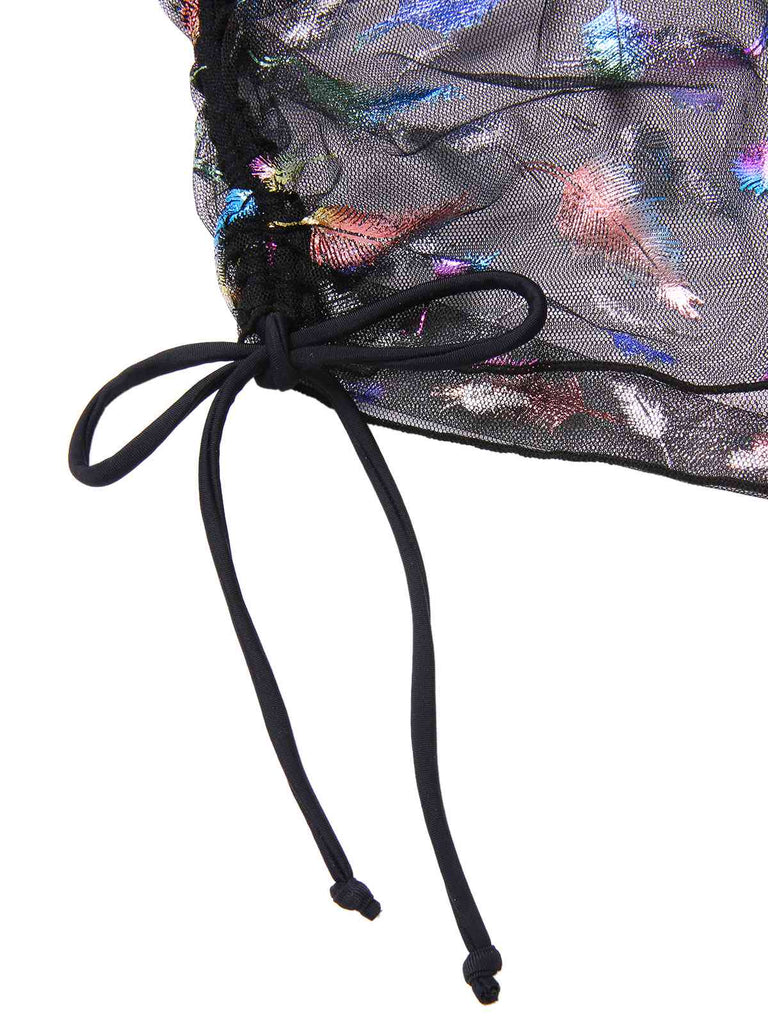 Ensemble bikini noir à lacets avec cache-maillot motif plumes des années 1940