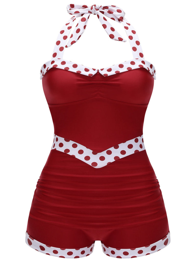 [Grande taille] Maillot de bain dos nu rouge à pois patchwork années 40