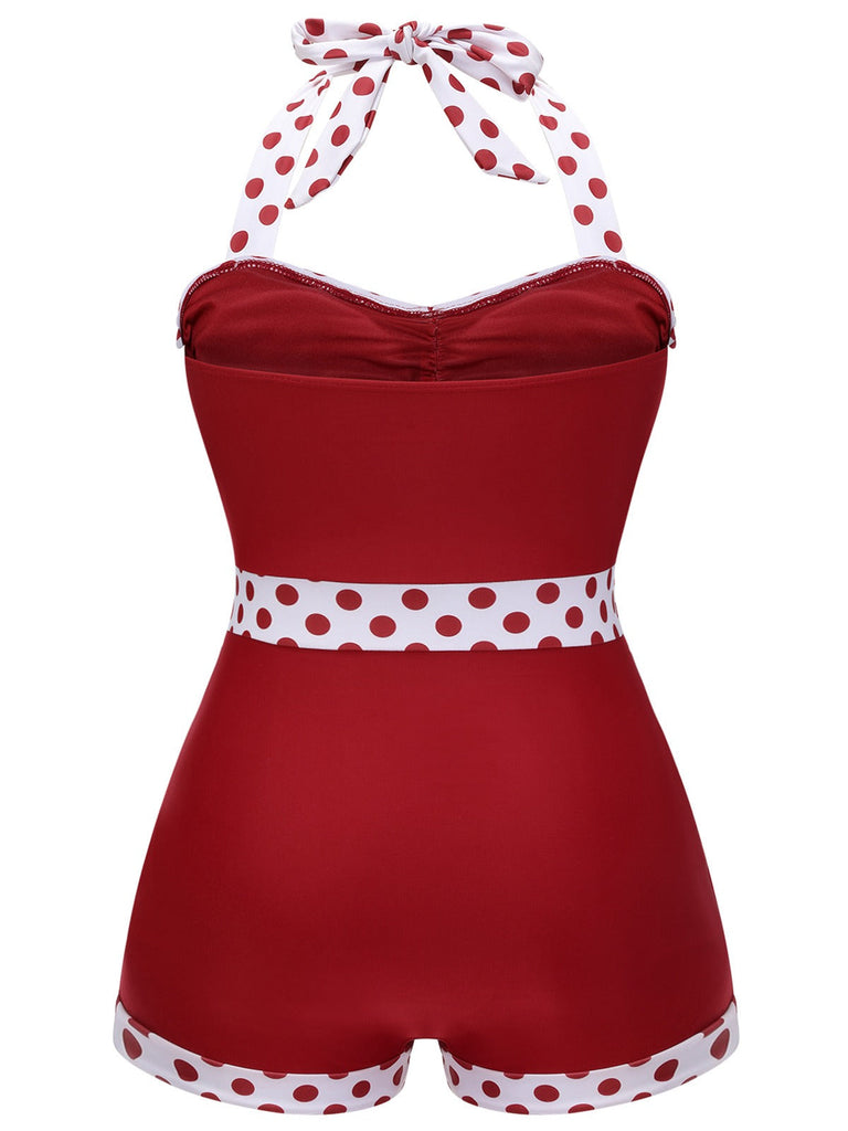 [Grande taille] Maillot de bain dos nu rouge à pois patchwork années 40