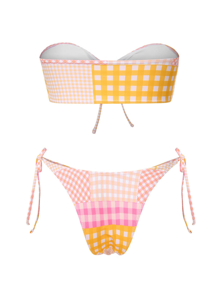 Ensemble bikini bandeau à carreaux vichy rose années 1970